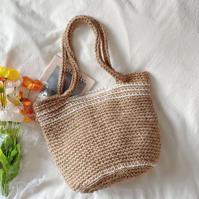 Twine Knit Shoulder Tote with Pale Border Stripes