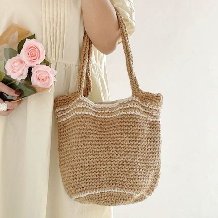 Twine Knit Shoulder Tote with Pale Border Stripes