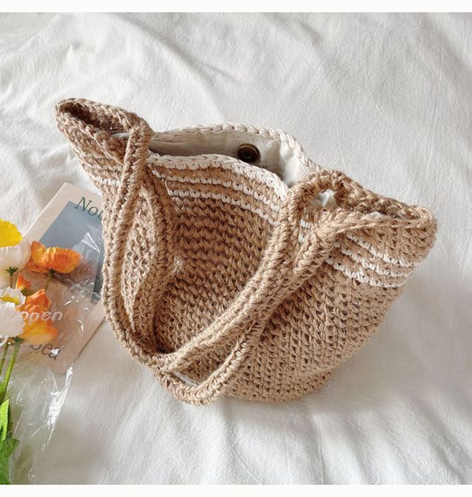 Twine Knit Shoulder Tote with Pale Border Stripes