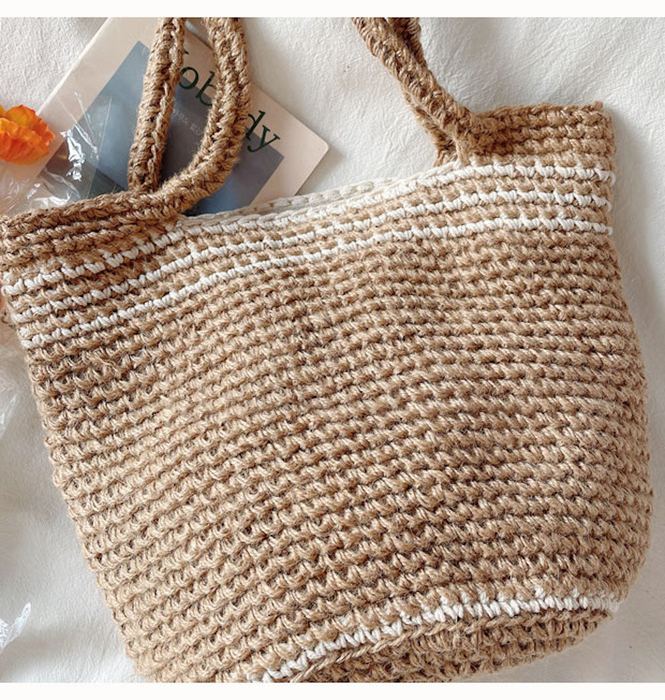 Twine Knit Shoulder Tote with Pale Border Stripes