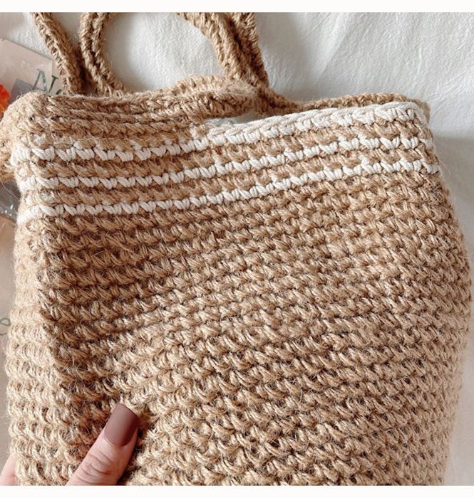 Twine Knit Shoulder Tote with Pale Border Stripes