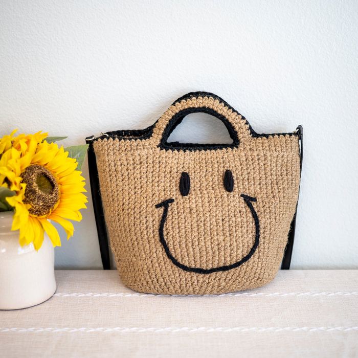 Smiley Twine Basket Bag with Black Edge Trim
