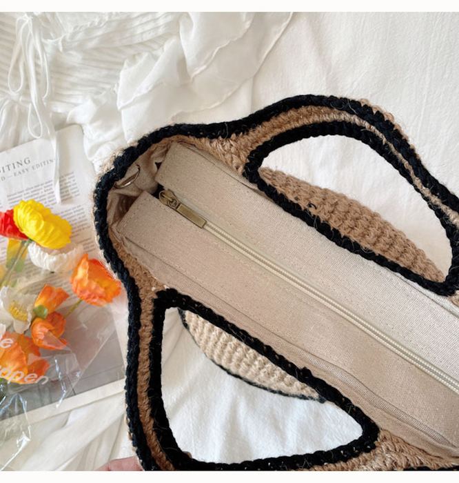 Smiley Twine Basket Bag with Black Edge Trim