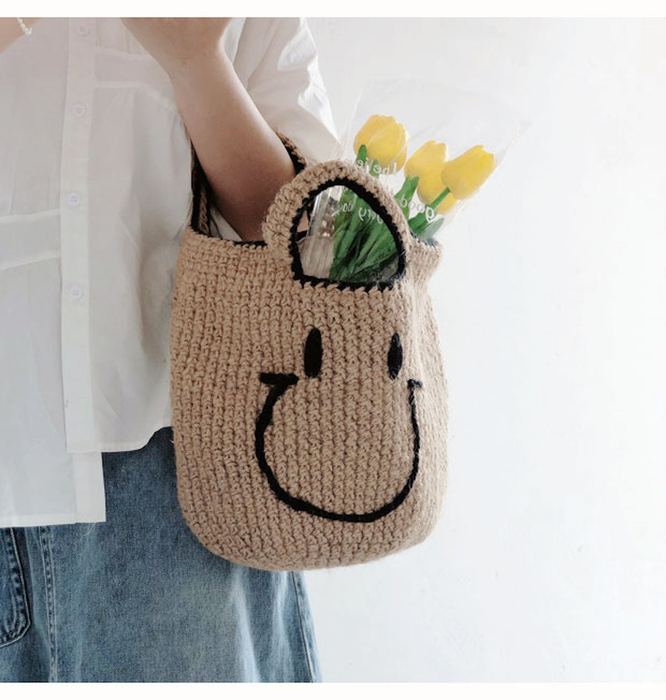 Smiley Twine Basket Bag with Black Edge Trim